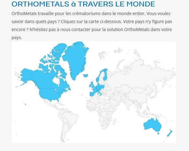 Carte des pays où intervient Orthometals pour recycler les métaux issus de la crémation