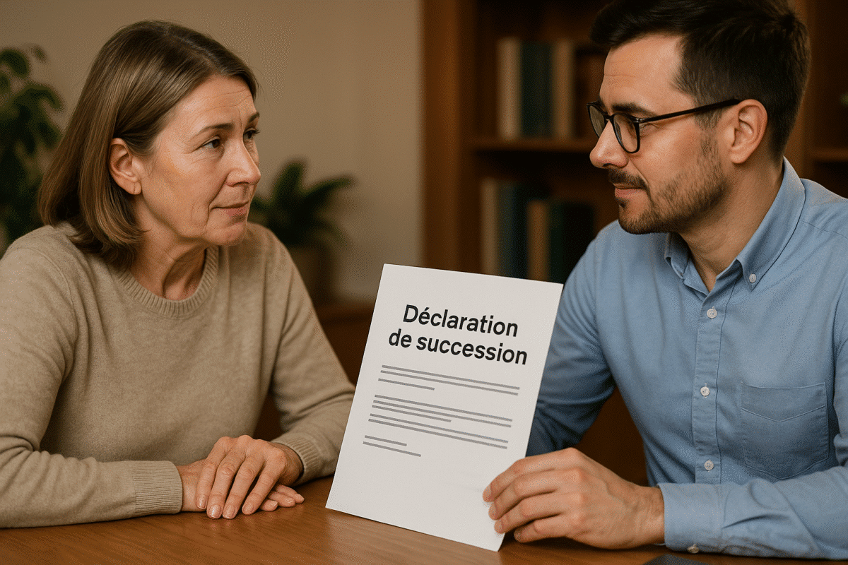 Femme écoutant un conseiller lui présenter un document intitulé « Déclaration de succession »