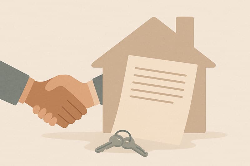 deux mains se serrant devant une silhouette de maison stylisée, avec un document vierge et un trousseau de clés posés au premier plan